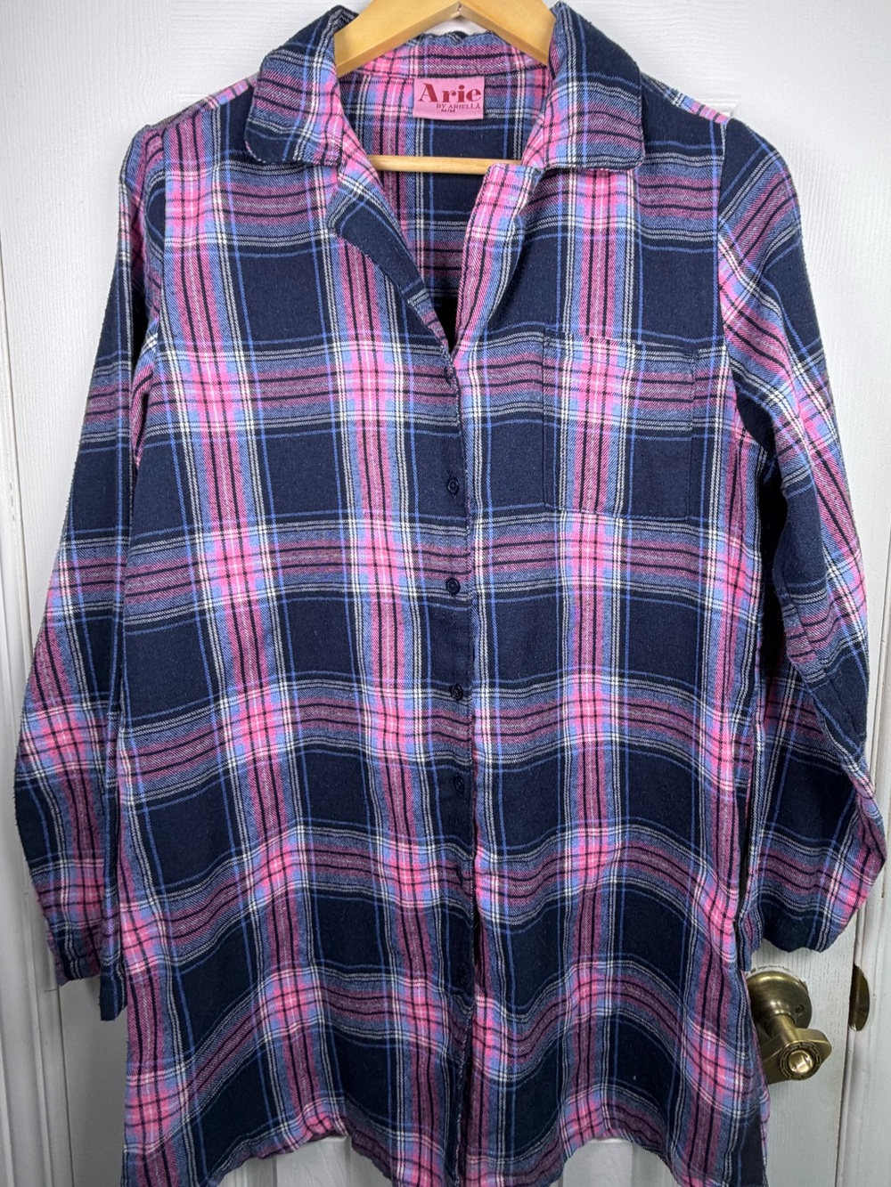 Ariella Navy Pink Plaid Flannel Shirt Women's M Longline Cotton Cottagecore Cabi
